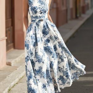 Maxi Linen Dress , Sleeveless, Round Neck, Floral, Belt Design, Vacation, Vintage, Blue