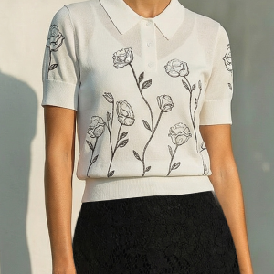 Sweater, Short Sleeves, Shawl Collar, Floral, Button Design, Inner Vest Not Included, White