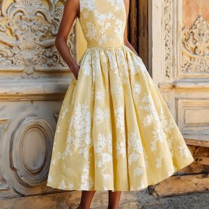 (SIZE:XS-XXL) Midi Linen Dress, Sleeveless,  Linen Blend, Floral, Renaissance