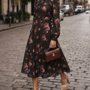 Maxi Cotton Skirt, Floral, Belt Design, Vintage, Black