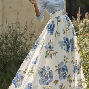 Maxi Linen Skirt, Floral, Vacation, Vintage, White