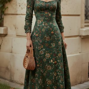Midi Linen Dress, Long Sleeves, Square Neck, Paisley, Vintage, Green