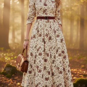 Midi Linen Dress, Long Sleeves, Shawl Collar, Floral, Belt Design, Vintage, Apricot