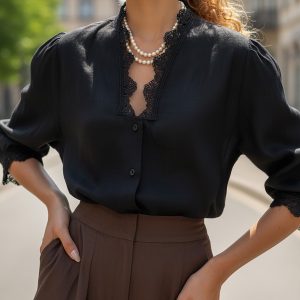 Linen Shirt, Half Sleeve, V Neck, Plain, Lace, French Vintage, Black