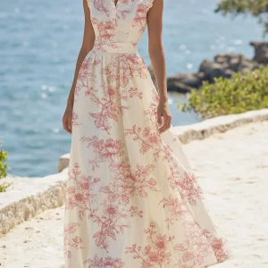 (SIZE:XS-XXL) Maxi Linen Dress , Cap Sleeves, Stand Collar, Floral, Lace, Vintage, Apricot