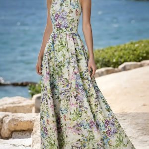 Maxi Cotton Dress, Sleeveless, Halter, Floral, Vacation, Vintage, White