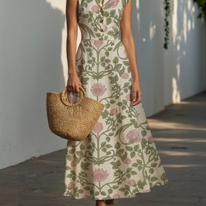 (SIZE:XS-XXL) Midi Linen Dress , Cap Sleeves, Shawl Collar, Floral, Button Design, Vintage, Green