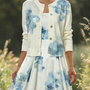 Wool Cardigan, Long Sleeves, Round Neck, Floral, Button Design, Vacation, Vintage, White