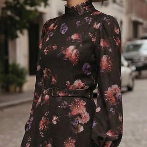 Cotton Blouse, Long Sleeves, Stand Collar, Floral, Lace, Vintage, Black