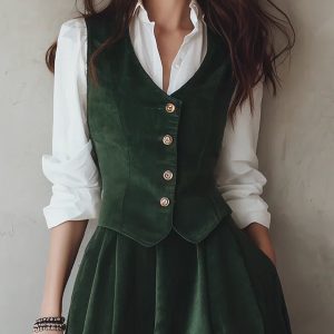 Cotton Vest (Shirt and Skirt Not Included), Sleeveless, V Neck, Plain, Button Design, Vintage, Green