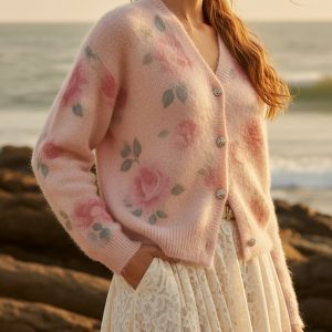 Cashmere Cardigan, Long Sleeves, V Neck, Floral, Button Design, Vintage, Pink