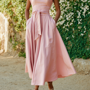 Maxi Cotton Dress , Sleeveless, One shoulder, Plain, Belt Design, Vintage, Light Pink