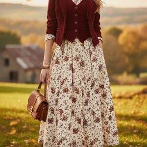 Cotton Blazer (Dress and Vest Not Included), Long Sleeves, Lapel Collar, Button Design, Vintage, Red