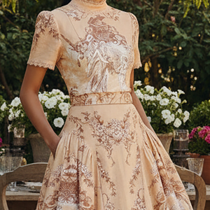 Cotton Shirt, Short Sleeves, Stand Collar, Angel, Lace, Vintage, Caramel