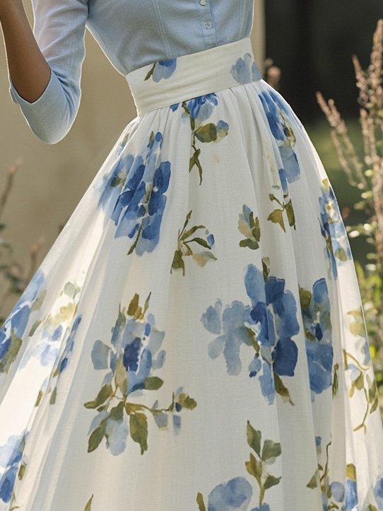 Maxi Linen Skirt, Floral, Vacation, Vintage, White - Image 2