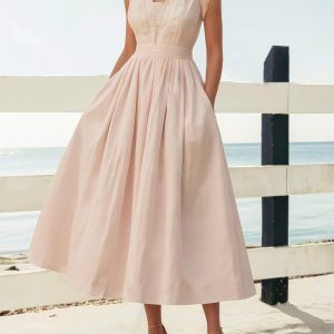 Linen Midi Dress, Short Sleeve, Lace Collar, Plain, Vintage, Light Pink