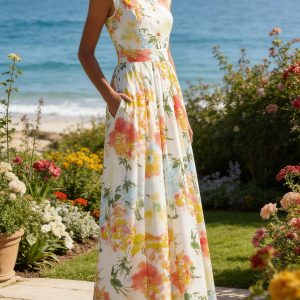 Maxi Cotton Dress, Sleeveless, V Neck, Plain, Lace, Vintage, White