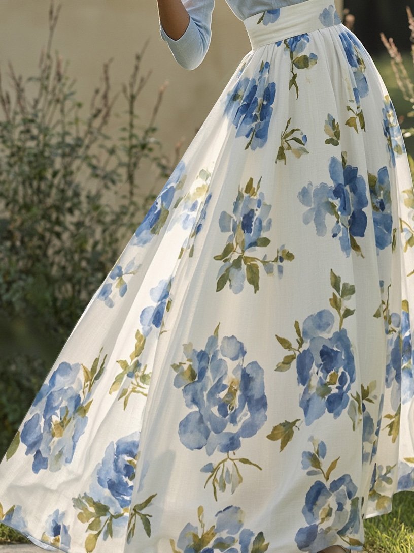 Maxi Linen Skirt, Floral, Vacation, Vintage, White - Image 3