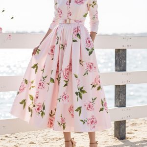 Midi Linen Dress , Long Sleeves, V Neck, Floral, Belt Design, Vacation, Vintage, Light Pink