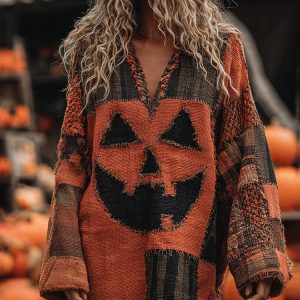Vintage Patchwork Halloween Pumpkin Face Art Linen Shirt