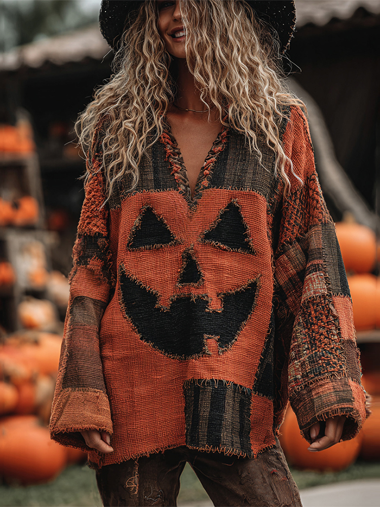 Vintage Patchwork Halloween Pumpkin Face Art Linen Shirt