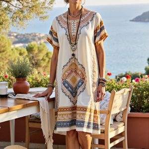 Women's Boho Art Print Casual Cotton Dress