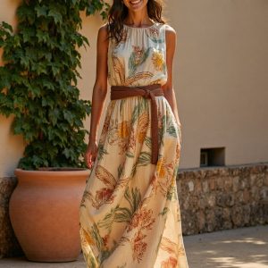 Women's Vintage Floral Art Print Casual Cotton Dress