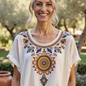 Women's Boho Art Print Casual Linen Short Sleeve T-Shirt