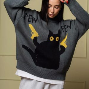 American-style Retro Loose-fitting Crewneck Spy Cat Knitted Sweater