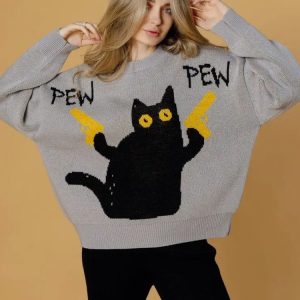 American-style Retro Loose-fitting Crewneck Spy Cat Knitted Sweater