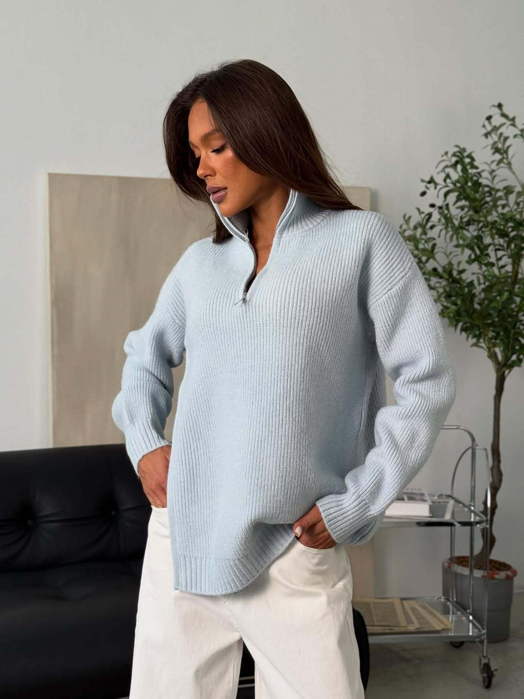 Simple And Relaxed Style Knitted Double Half-zip Sweater