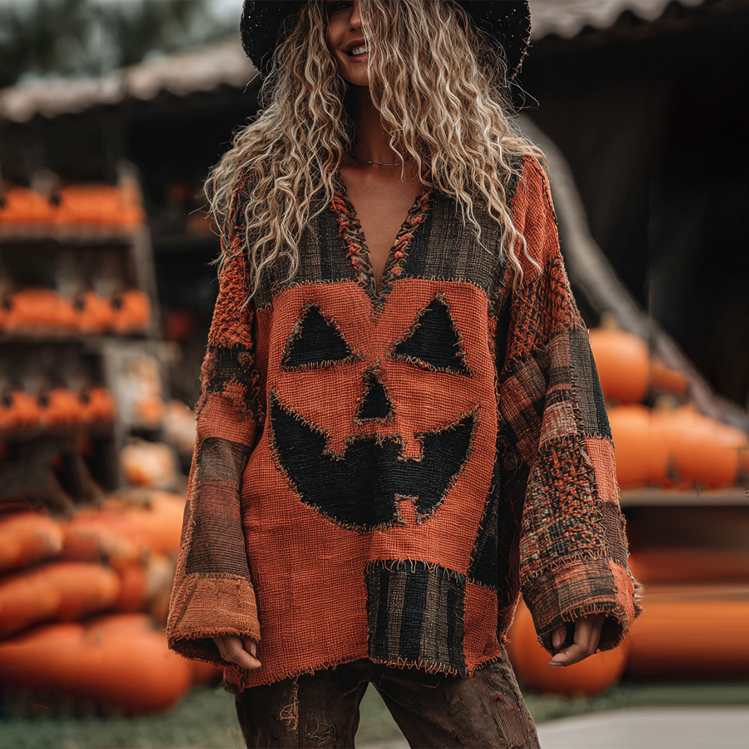 Vintage Patchwork Halloween Pumpkin Face Art Linen Shirt - Image 2