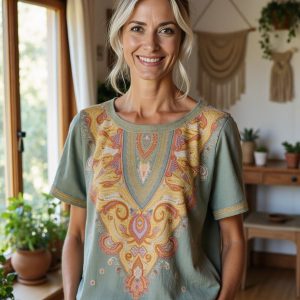 Women's Boho Art Print Casual Linen Short Sleeve T-Shirt