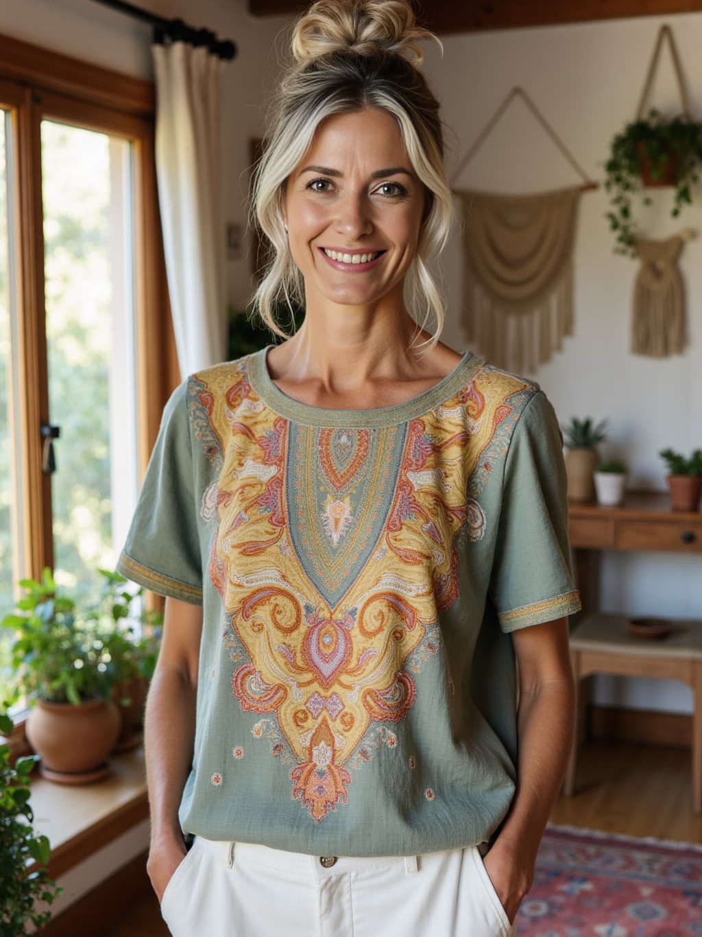 Women's Boho Art Print Casual Linen Short Sleeve T-Shirt