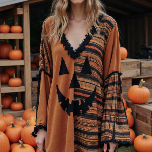 Vintage Patchwork Halloween Pumpkin Face Art Linen Shirt