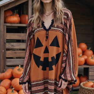 Vintage Patchwork Halloween Pumpkin Face Art Linen Shirt