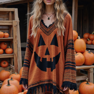 Vintage Patchwork Halloween Pumpkin Face Art Linen Shirt