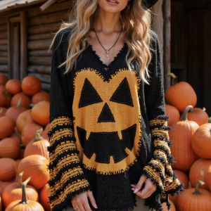 Vintage Patchwork Halloween Pumpkin Face Art Linen Shirt