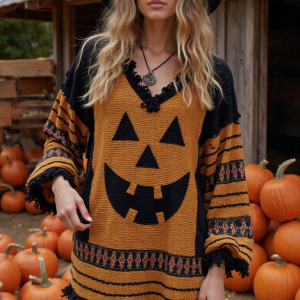 Vintage Patchwork Halloween Pumpkin Face Art Linen Shirt