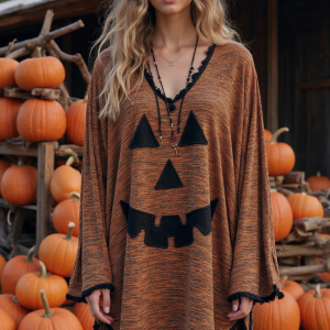 Vintage Patchwork Halloween Pumpkin Face Art Linen Shirt