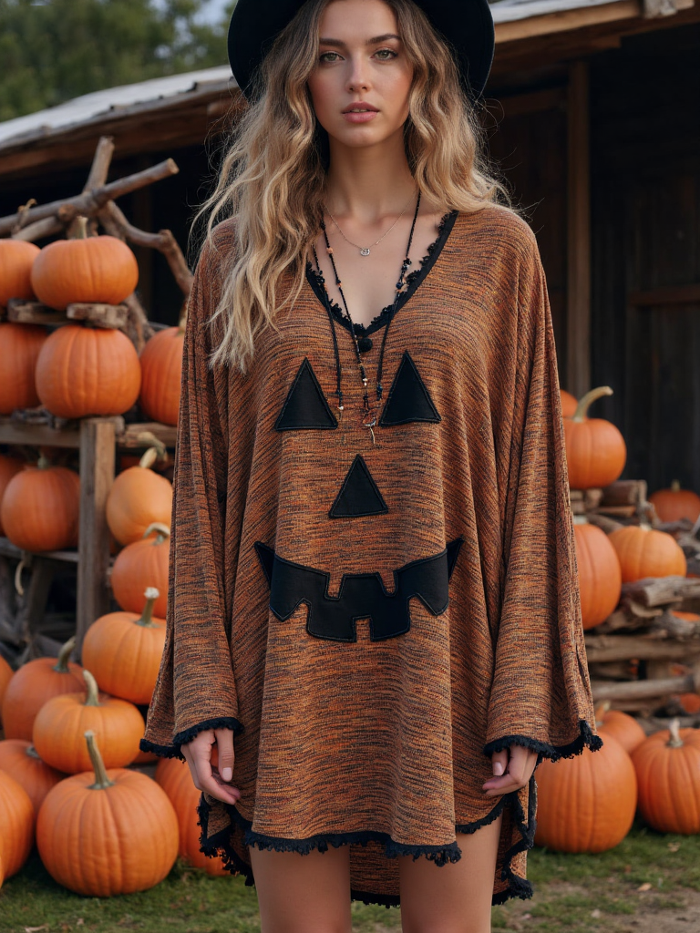 Vintage Patchwork Halloween Pumpkin Face Art Linen Shirt