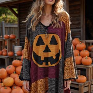 Vintage Patchwork Halloween Pumpkin Face Art Linen Shirt