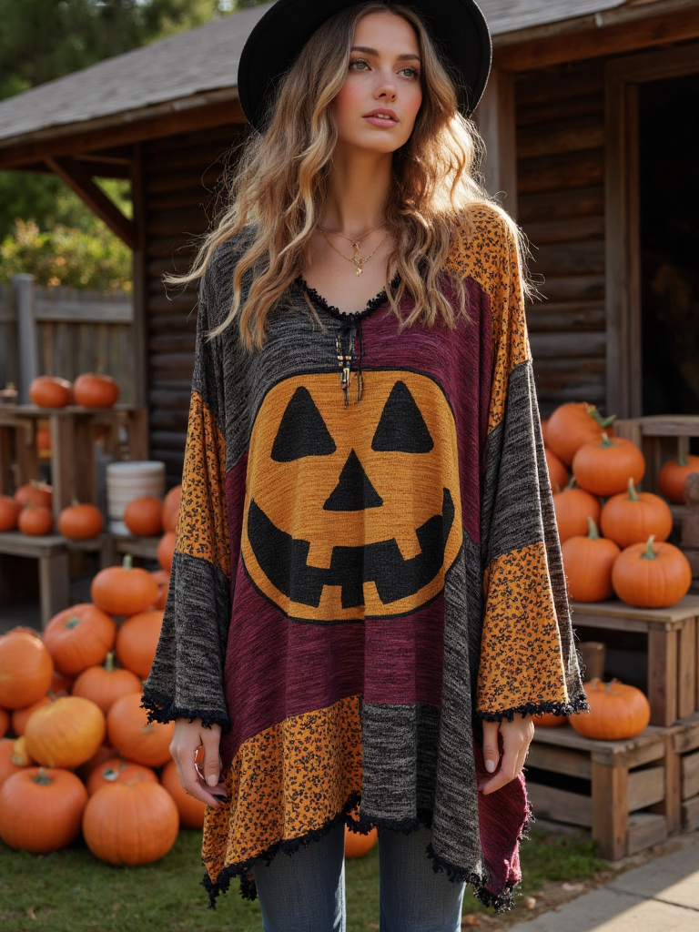 Vintage Patchwork Halloween Pumpkin Face Art Linen Shirt
