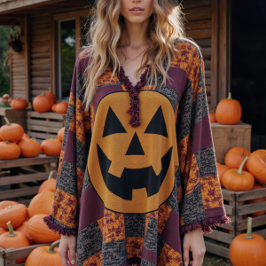 Vintage Patchwork Halloween Pumpkin Face Art Linen Shirt