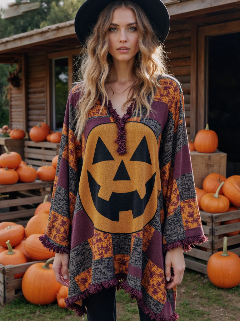 Vintage Patchwork Halloween Pumpkin Face Art Linen Shirt