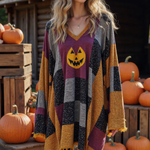 Vintage Patchwork Halloween Pumpkin Face Art Linen Shirt