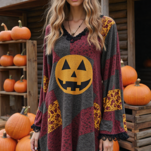 Vintage Patchwork Halloween Pumpkin Face Art Linen Shirt