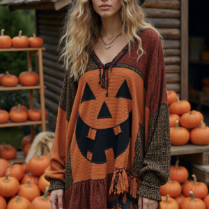 Vintage Patchwork Halloween Pumpkin Face Art Linen Shirt