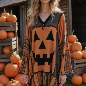Vintage Patchwork Halloween Pumpkin Face Art Linen Shirt